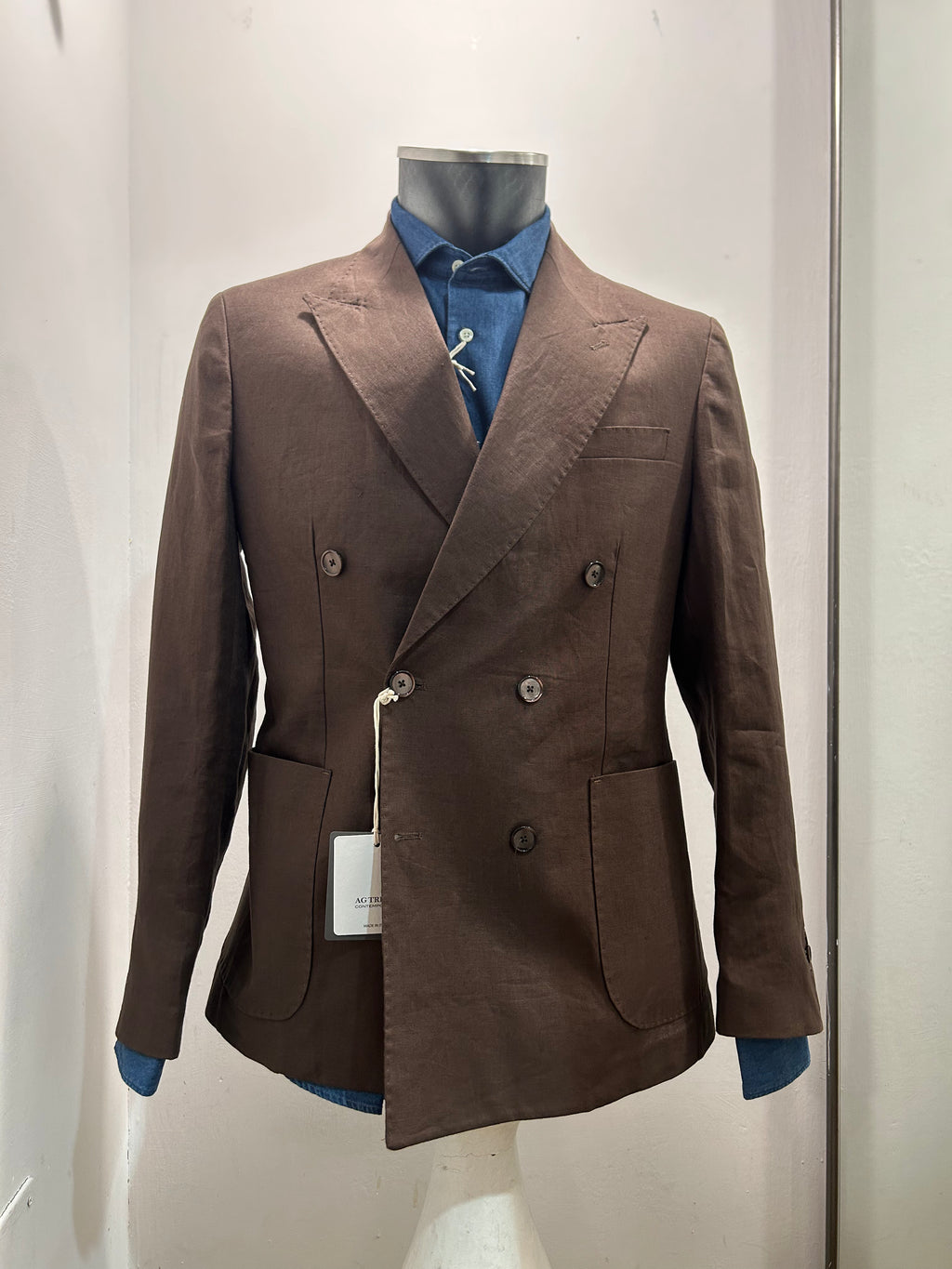 AG TREND GIACCA DOPPIOPETTO MARRONE 100% LINO 100% MADE IN ITALY G740 P616 56