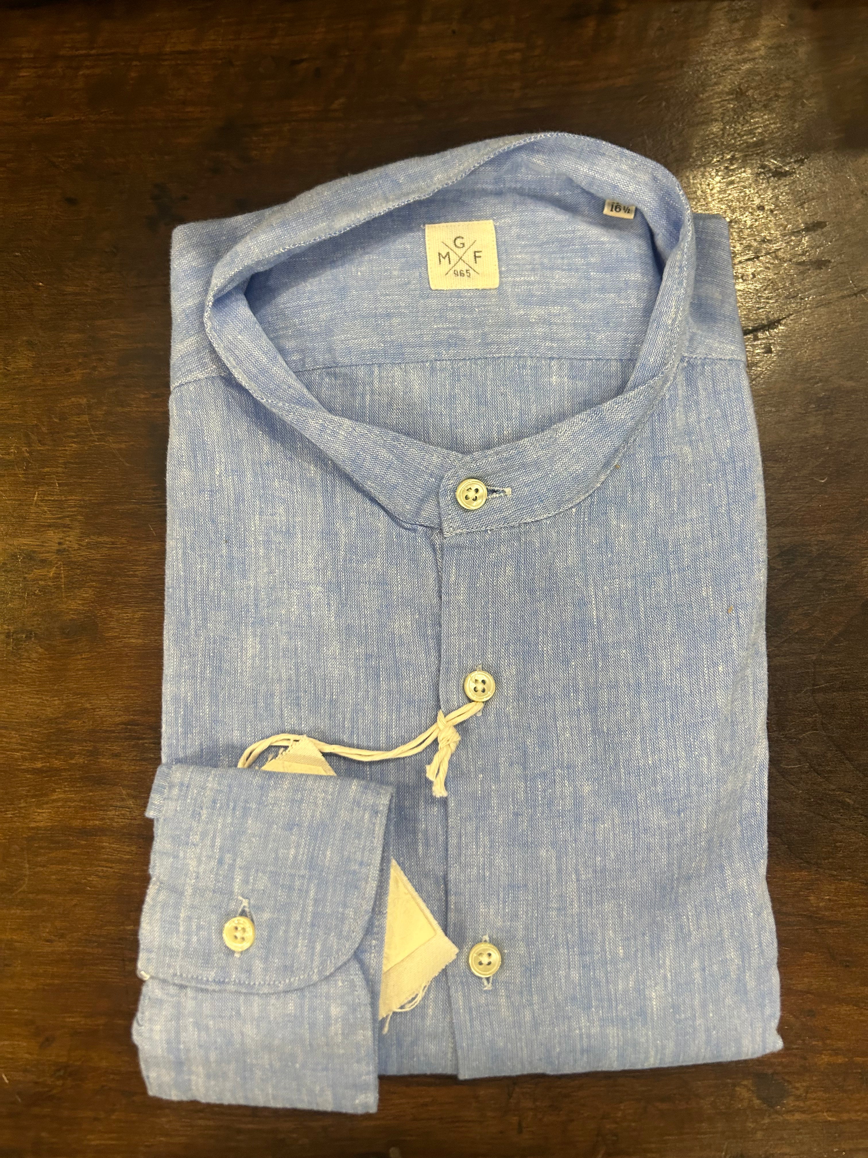 GMF CAMICIA CON COLLO ALLA COREANA COLORE CELESTE 100% LINO MADE IN ITALY