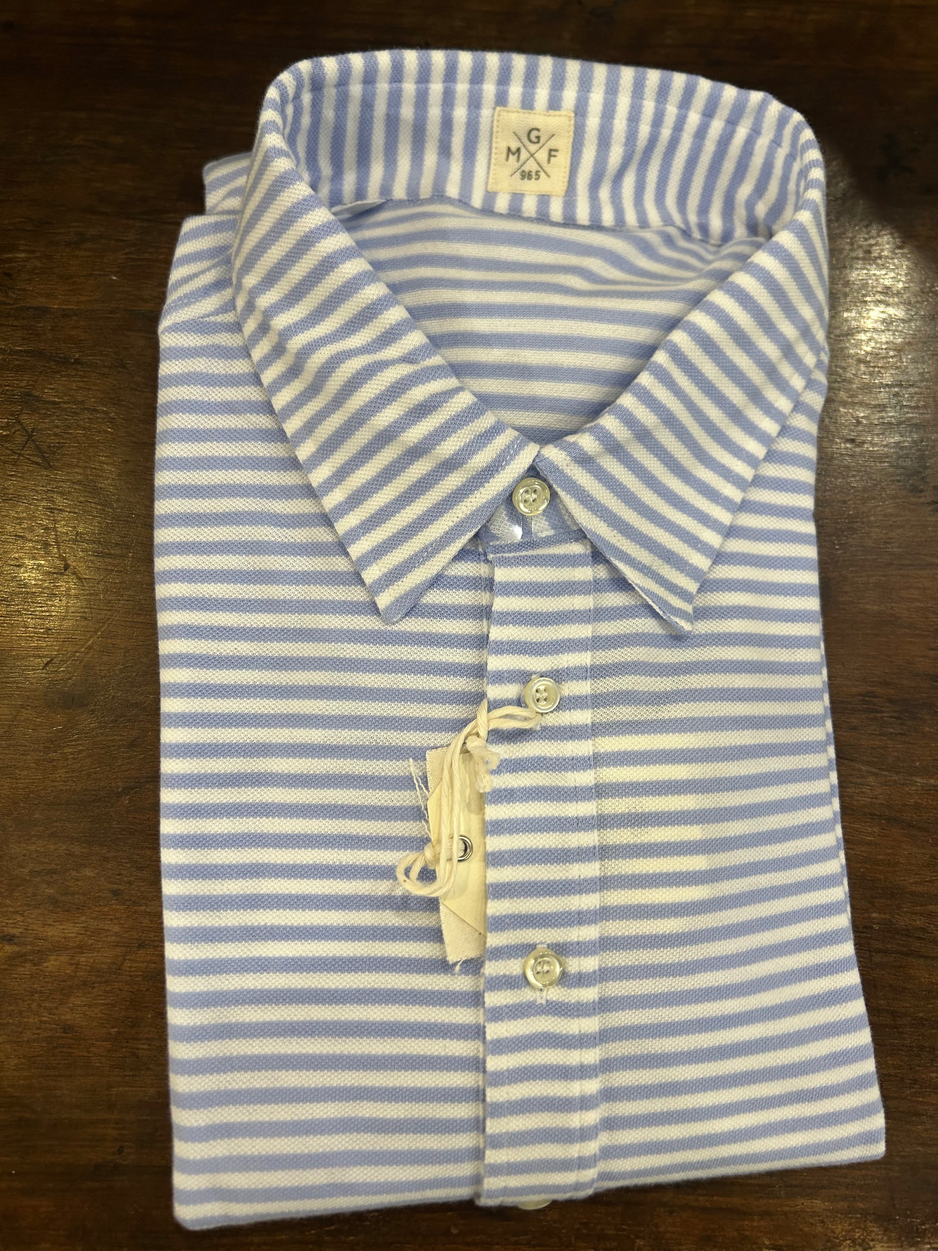 GMF CAMICIA/POLO IN PIQUET 4 BOTTONI VESTIBILITA’ COMODA RIGHE BIANCHE E CELESTI MADE IN ITALY