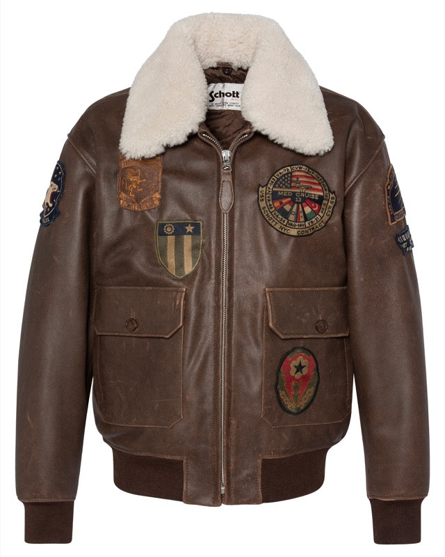 SCHOTT VINTAGE AVIOTOR BROWN JACKET IN PELLE DI CAPRA CON COLLARE IN SHEARLING REMOVIBILE