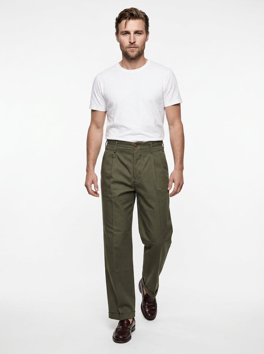 TELACRUDA PANTALONE DOPPIA PENCE FONDO 24 CM COLORE VERDE MILITARE 100% COTONE MADE IN ITALY
