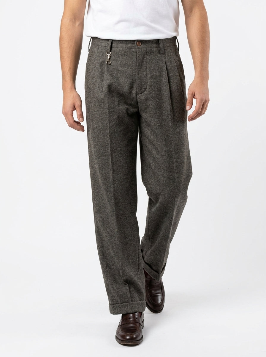 TELACRUDA  PANTALONE DOPPIA PENCE IN TWEED FONDO 24 CM COLORE BROWN MADE IN ITALY