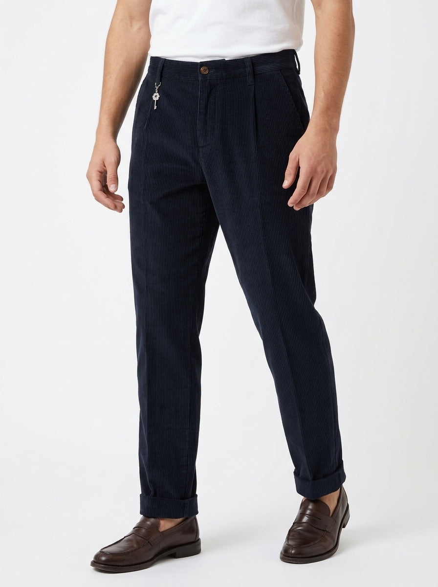 TELACRUDA PANTALONE DOPPIA PENCE IN VELLUTO COLORE NAVY FONDO 21 CM MADE IN ITALY