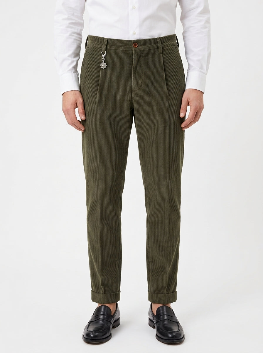 TELACRUDA PANTALONE DOPPIA PENCE IN VELLUTO COLORE VERDE MILITARE FONDO 21 CM MADE IN ITALY