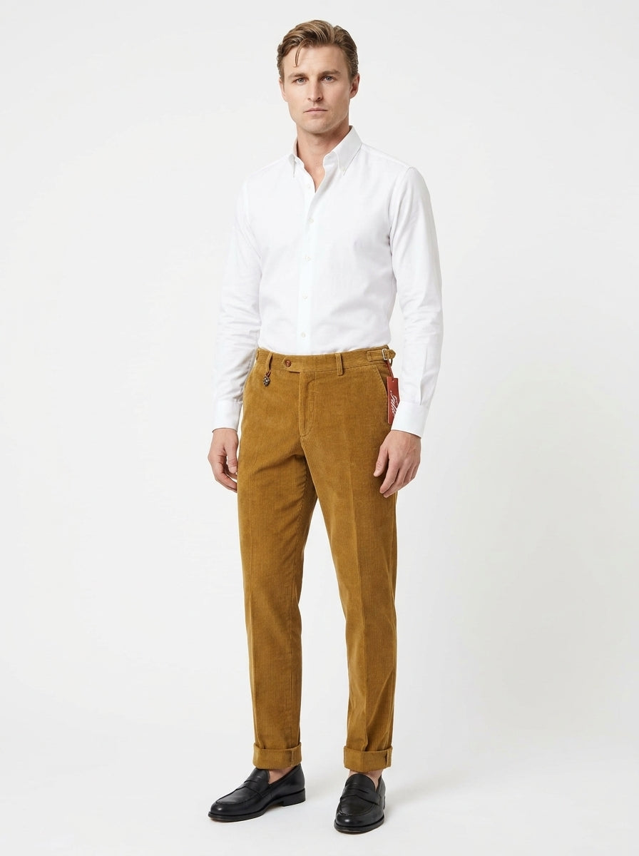 TELACRUDA PANTALONE DOPPIA PENCE IN VELLUTO COLORE COGNAC FONDO 21 CM MADE IN ITALY