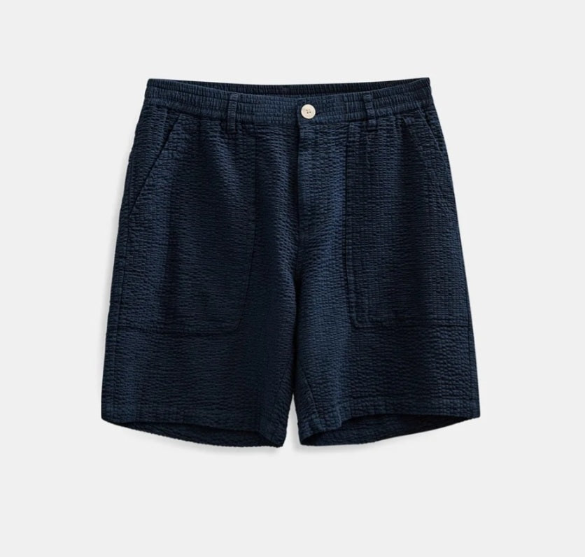 ANERKJENDT BERMUDA COLORE NAVY IN SEERSUCKER VESTIBILITA’ COMODA CON ELASTICO E LACCI IN VITA